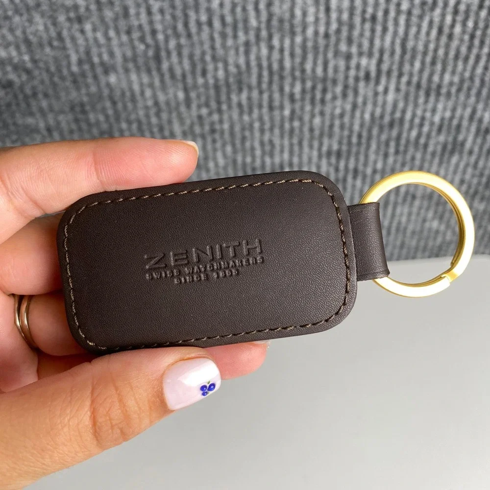 Zenith Swiss Watchmakers Brown Leather Keychain Hand Made in Italy Gold Ring